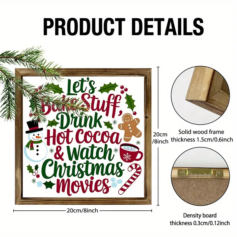 8x8" Rustic Christmas Baking Wood Sign - 'Let's Bake, Drink Cocoa & Watch Movies' Farmhouse Wall Art For Kitchen/Home_voghion.com