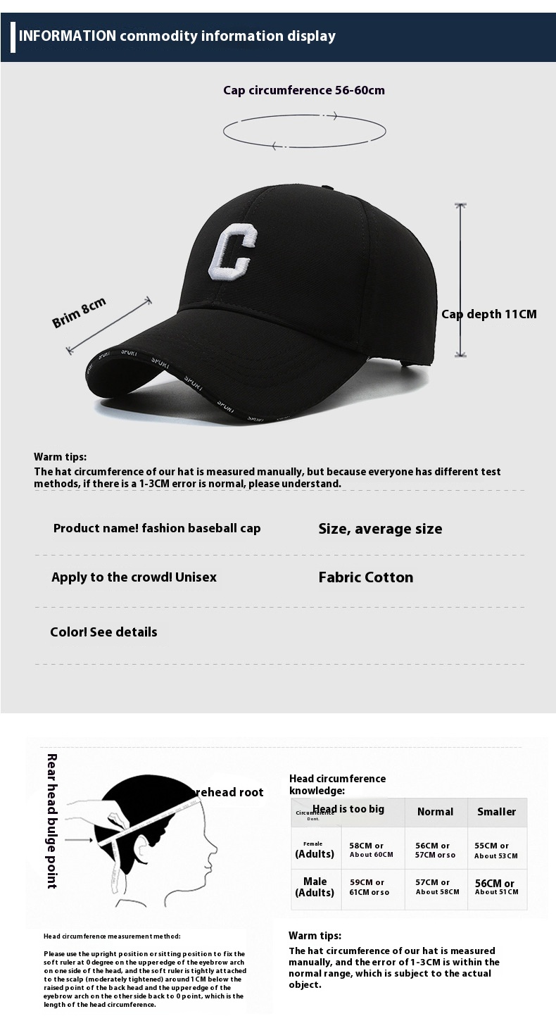 Cappello da uomo e da donna, nuova versione coreana traspirante, baseball outdoor di tendenza con lettere ricamate, grande C solare_voghion.com