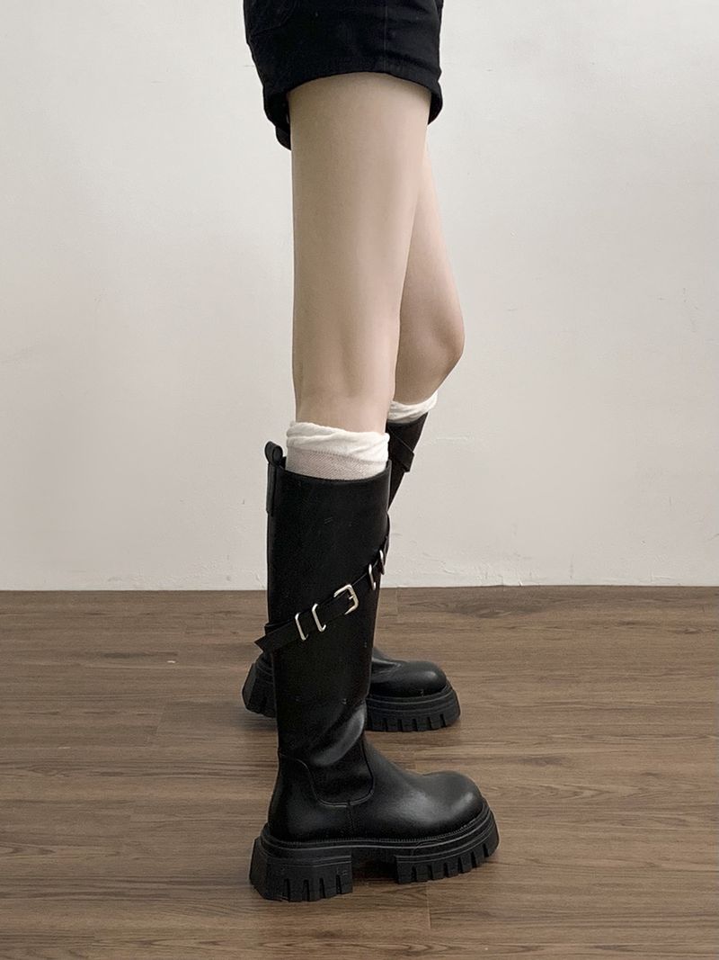 Freizeit Britische schwarze knielange Schlankheitsstiefel mit dicken Sohlen lang für Damen 2024 Neue Herbst- und Winterstiefel mit dickem Schaft_voghion.com