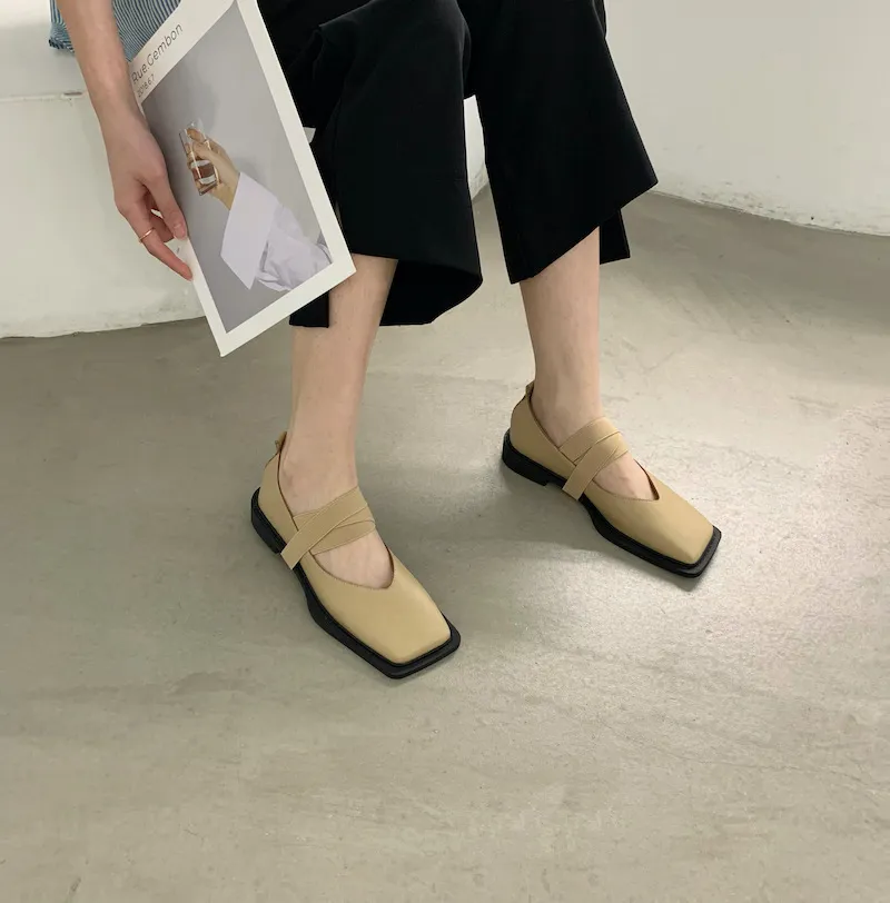 Mocassini singoli in pelle da donna, primavera 2022, nuovi, alla moda, con testa quadrata, fondo piatto, bocca bassa, scarpe basse_voghion.com