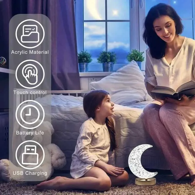 Lampada lunare 3D in cristallo - Luce ambientale USB con dimmerazione al tocco, estetica femminile_voghion.com