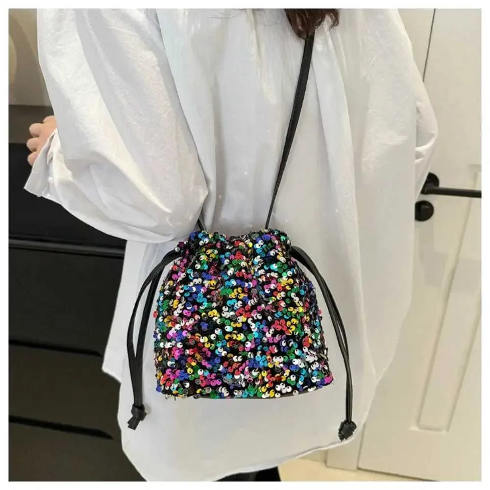 Borsa a tracolla con paillettes versatile alla moda, semplice e alla moda, piccola borsa a mano con coulisse, borsa a secchiello da festa_voghion.com