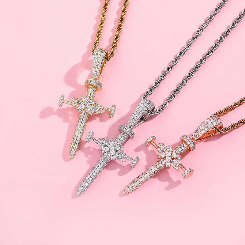 Unisex Ins Full Zircon Nail Cross Pendant Necklace Hip Hop Punk Jewelry Bling Real Yellow Gold Shiny Cz Stone Cubic_voghion.com