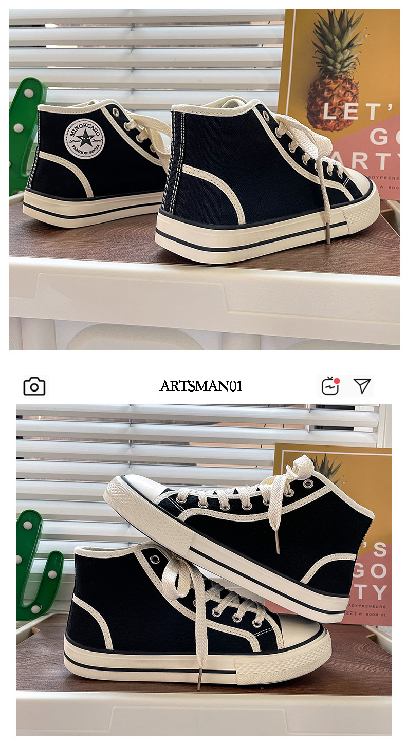 High top men's classic spring canvas student Korean vulcanized round toe casual board shoes, cloth shoes_voghion.com