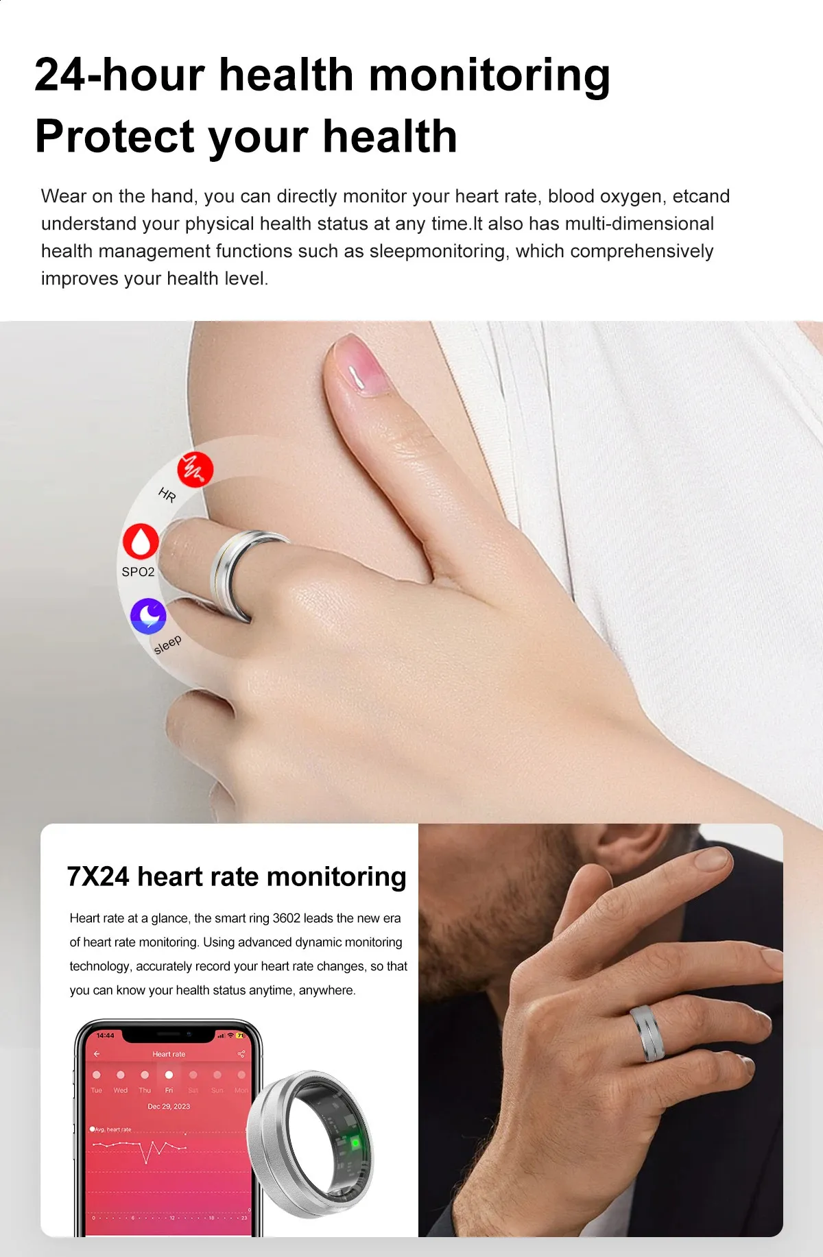 Smart Bracelet Heart Rate Monitoring Waterproof Blood Oxygen Sleep Sport Health Tracker Finger Digital Ring 240730_voghion.com