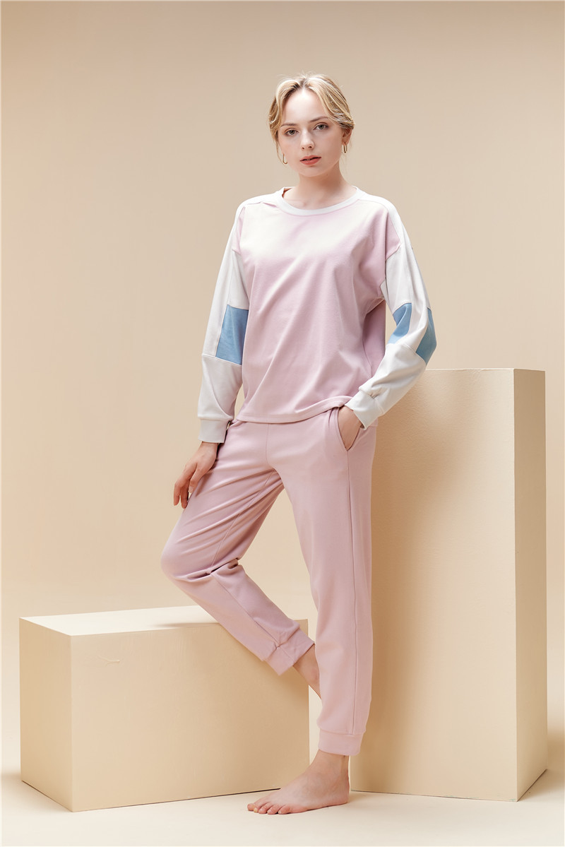 Pigiama da donna con scollo tondo, colore testa a contrasto, caldo e morbido set da indossare per la casa_voghion.com