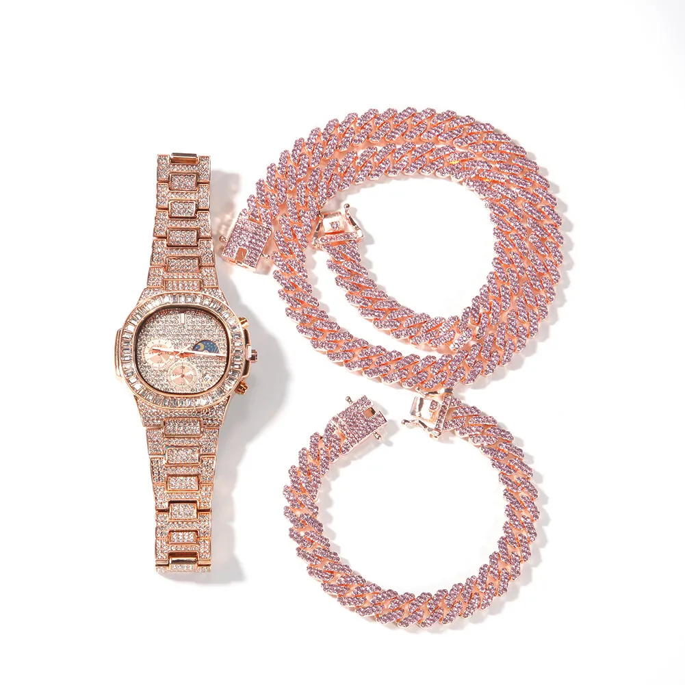 Set orologio bracciale e collana iced out da uomo finitura oro_voghion.com