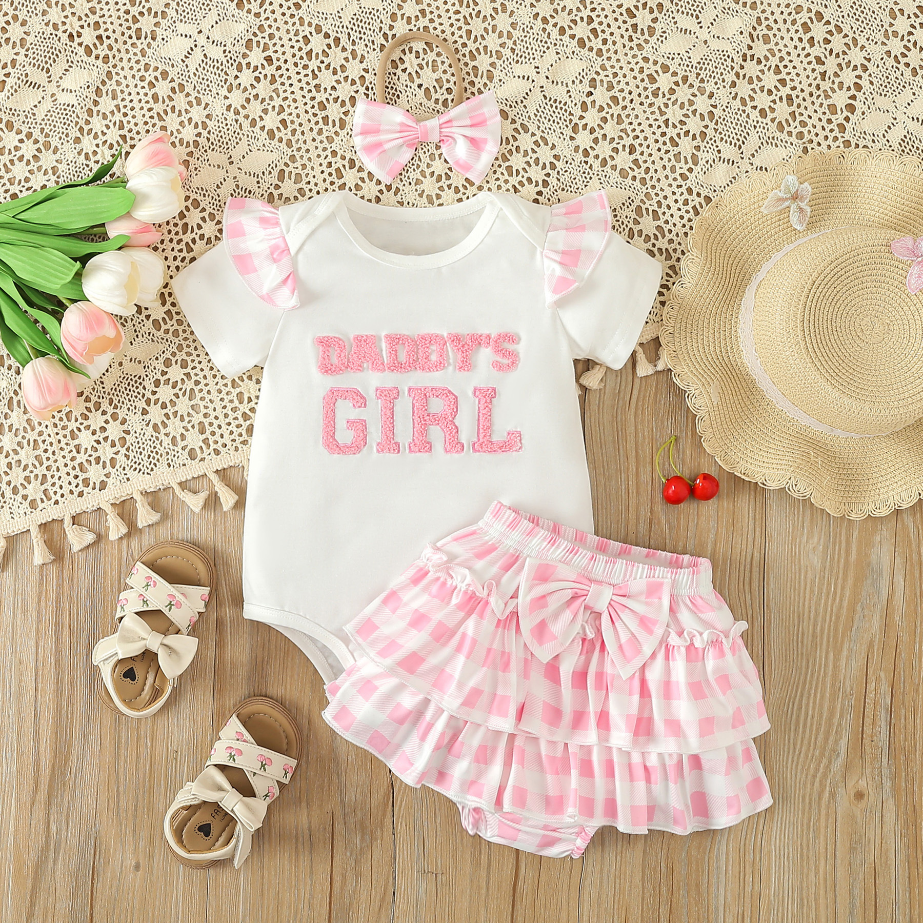 Mother & Kids Children's clothing, starting from one piece, 2024 new style, baby girl summer letter short-sleeved romper plaid PP shorts suit