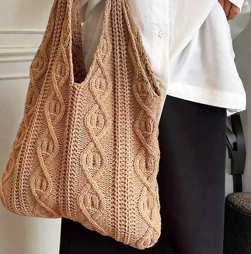Vintage Strick Schultertasche Für Damen, Große Handtasche Casual_voghion.com