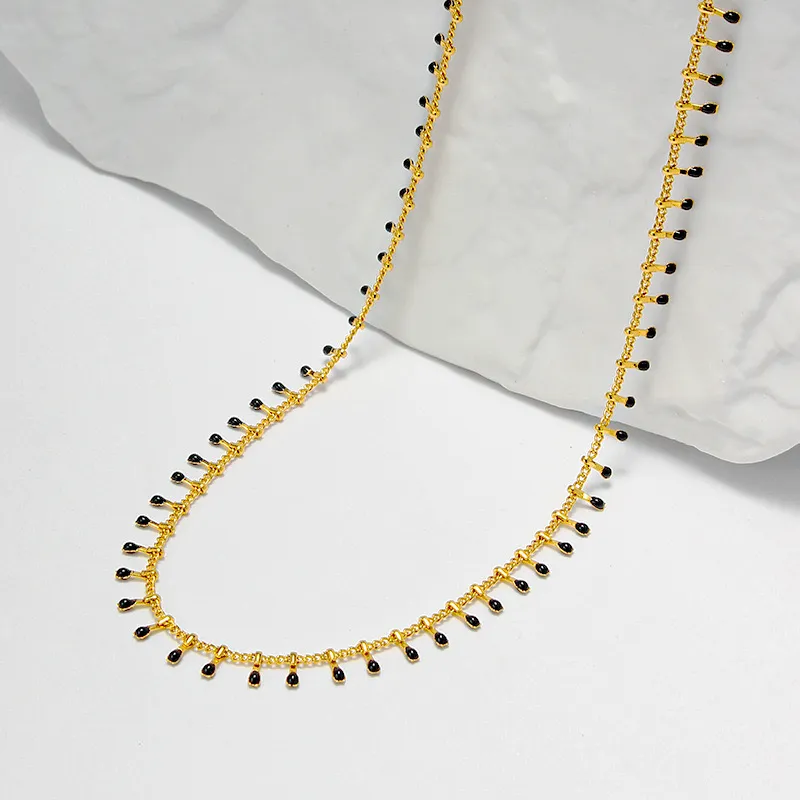 Colier emailat cu design de picătură de ploaie, lanț placat cu aur și mărgele de cupru, 45 cm_voghion.com