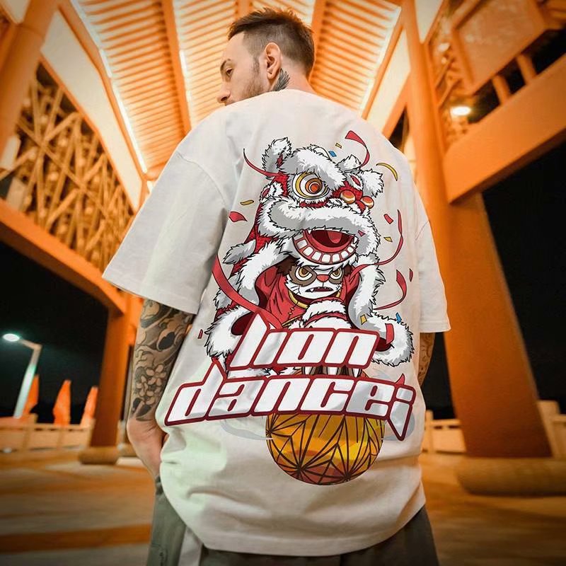 Oversized kort T-shirt til mænd, bjørn, løs pasform hiphop Instagram, trendy par, personlig halværmet trend_voghion.com