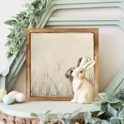 Decorațiune murală rustică cu iepuraș - semn înrămat în lemn de 20x20 cm cu iepure vintage. Decor perfect pentru casă sau ca și cadou de Paște._voghion.com