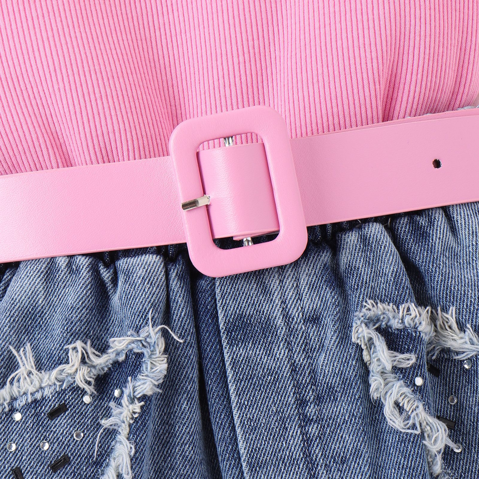 Wind summer small and medium-sized children's pit stripe sleeveless wooden ear edge top+star denim shorts+belt girl set_voghion.com