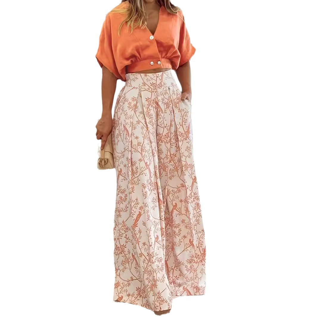 2024 Mode Lässig Zweiteiler Bedruckte Hose Mit Weitem Bein Knopf Strickjacke Chiffon Hemd Stil Set_voghion.com