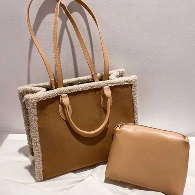 Sac à main en laine d'agneau avec pochette, design de niche, texture sensée, grande capacité, en peluche, sac à bandoulière simple, mode décontractée_voghion.com