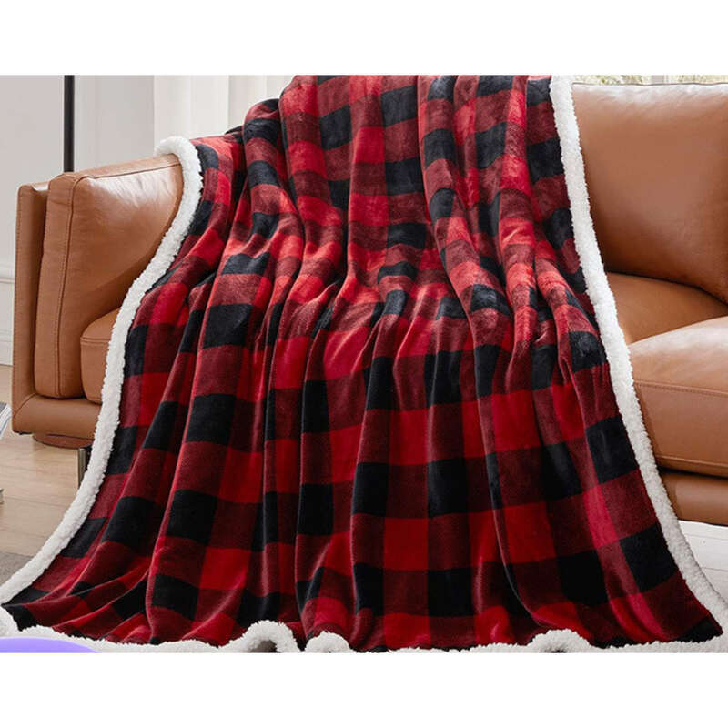 Facecloth Double Layer Classic Red And Black Plaid Printed Lamb Plush Car Nap Blanket_voghion.com