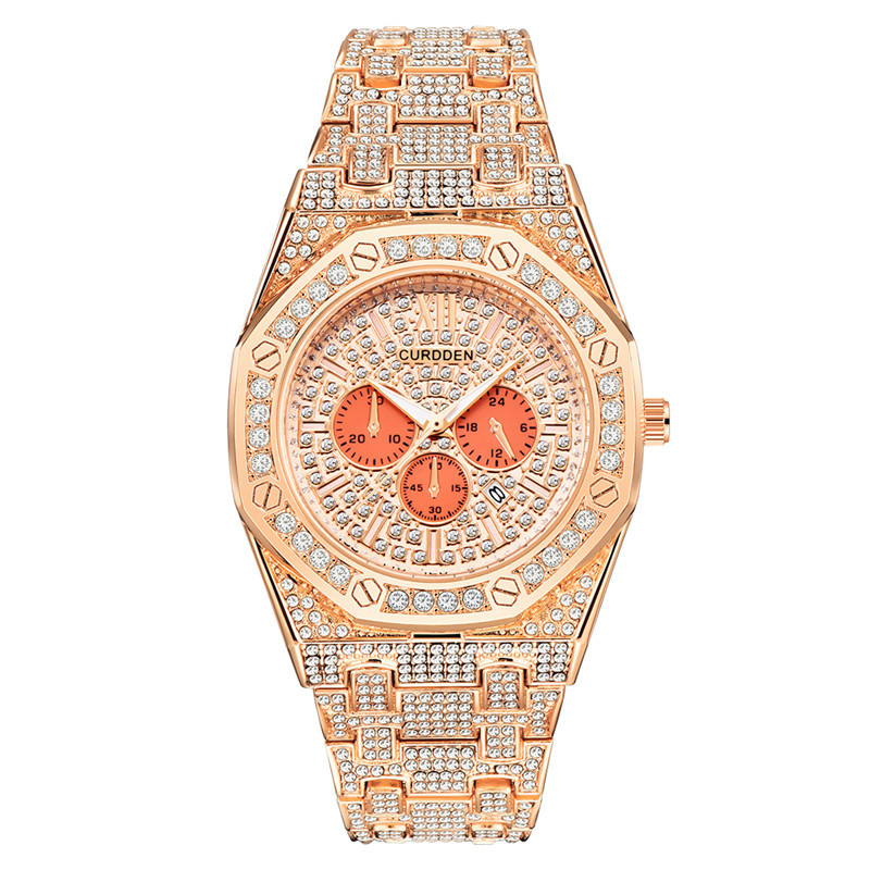Men's Hip Hop Watch With Diamond Accents - Stylish Quartz Watch With Calendar Function, 41mm Round Dial, Alloy Band, Gold & Silver Options_voghion.com