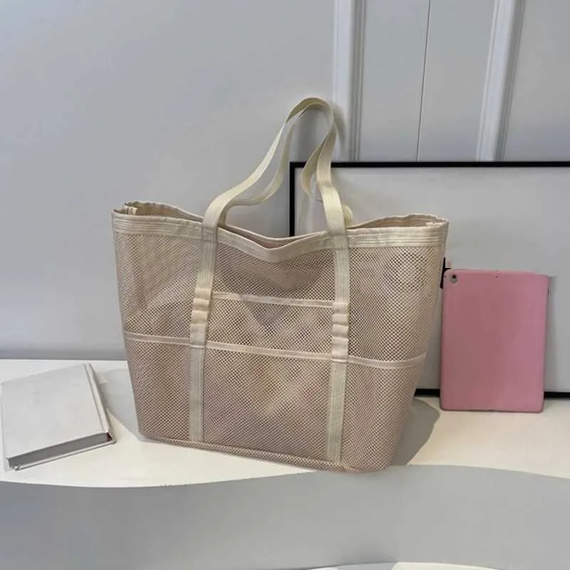Portable mesh large capacity reusable storage swimming beach bag womens makeup organizer shopping handbag Y241011_voghion.com