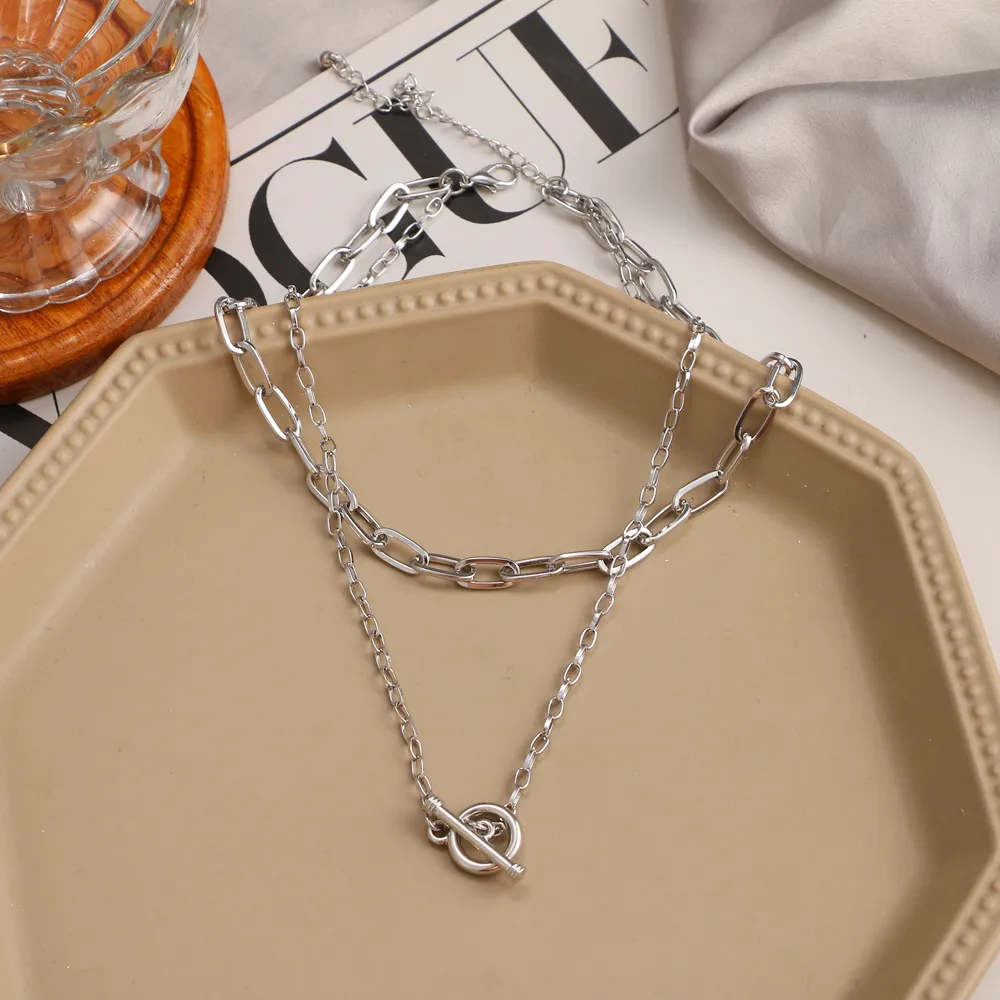 Catene Vintage Catena Spessa OT Fibbia Collana Girocollo Per Le Donne Punk Argento Colore Metallo Geometrico Stratificato Gioielleria di Moda_voghion.com