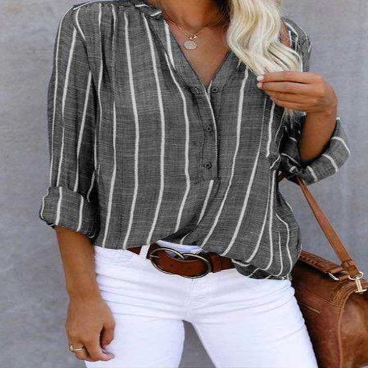 Camicia a righe stampata alla moda semplice da donna_voghion.com