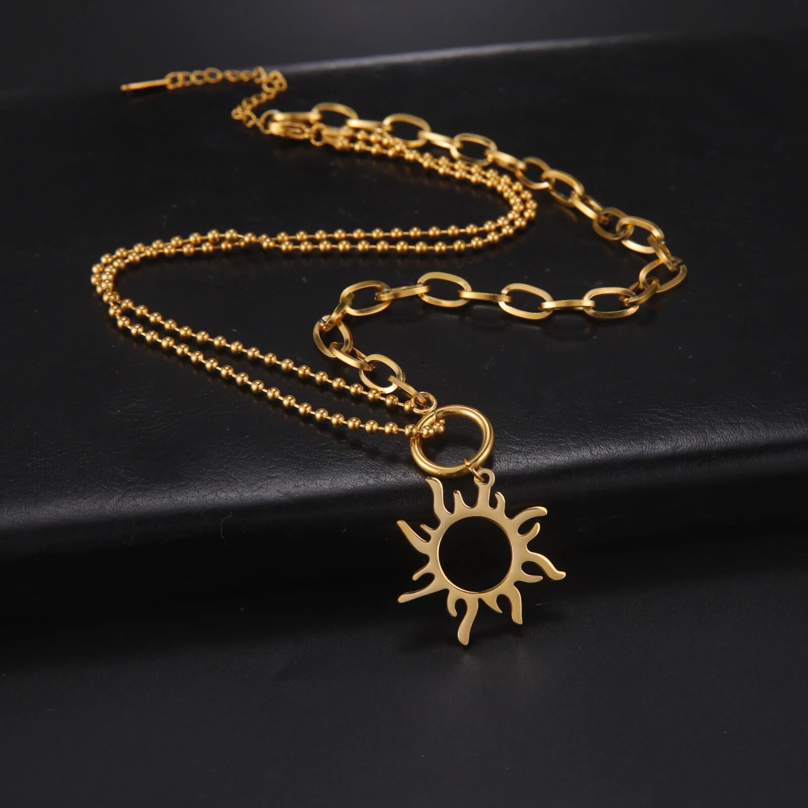 Skyrim Sun Totem Pendant Necklace Women Stainless Steel Gold Color Beaded Chain Necklace Punk Summer Jewelry Birthday Gift New in_voghion.com