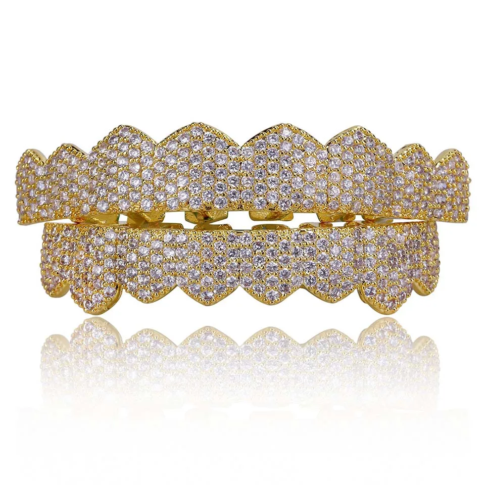 Echtes Gold Zähne Fang Grillz Punk Hip Hop Cubic Zirkon Iced Out Vampire Dental Mund Grills Zahnspangen Zahnkappe Rapper_voghion.com