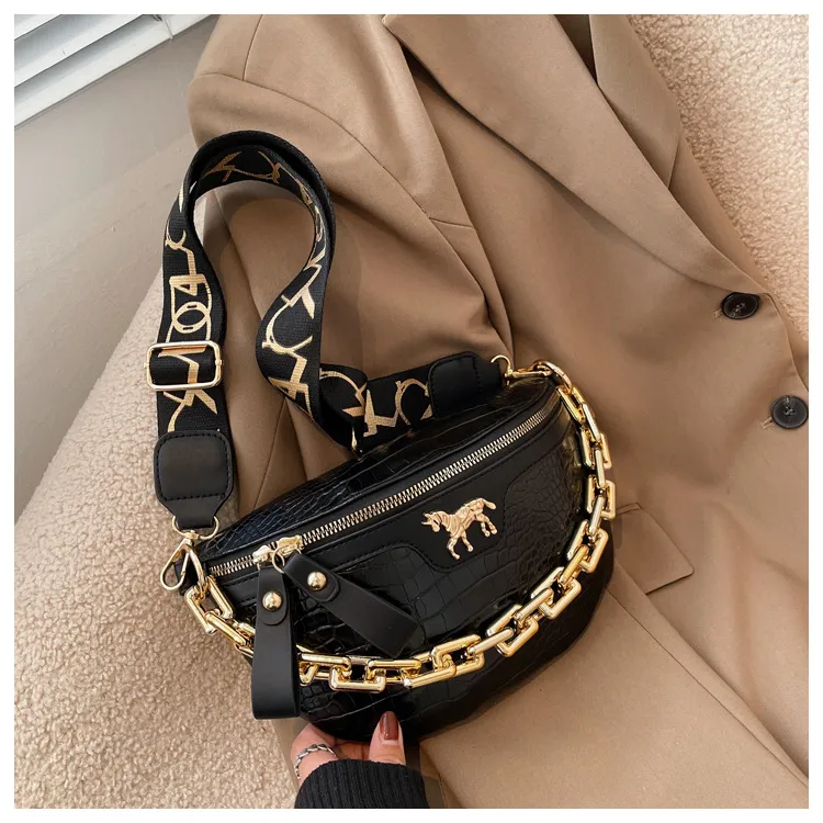 Thick Chain Women's Waist Fanny Pack Fashion Crossbody Chest Bags Female Belt Crocodile Shoulder Bag_voghion.com