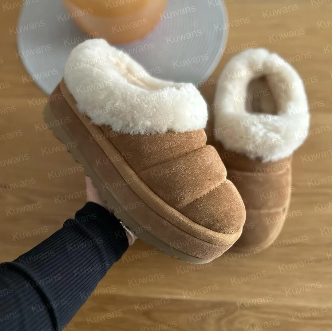 Pantuflas Tazzlita para mujer, chanclas de piel Tazz Tasman, bota clásica de plataforma ultra mini, color mostaza, sin cordones, de gamuza y lana._voghion.com