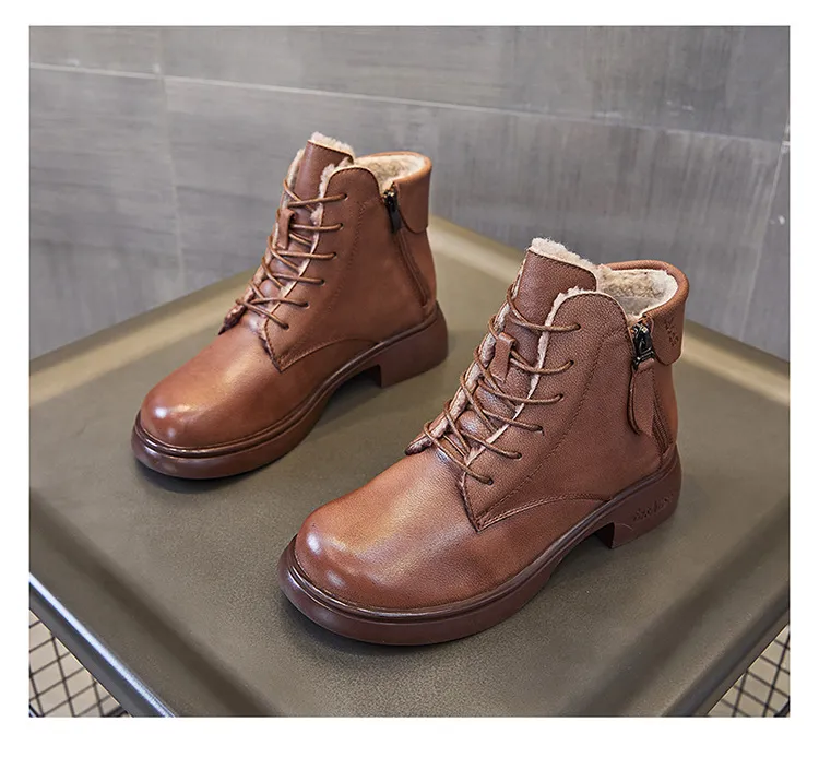 Genuine Leather Round Toe Motorcycle Plush Insulation and Thick Soled Short Boots with British Style Versatility_voghion.com