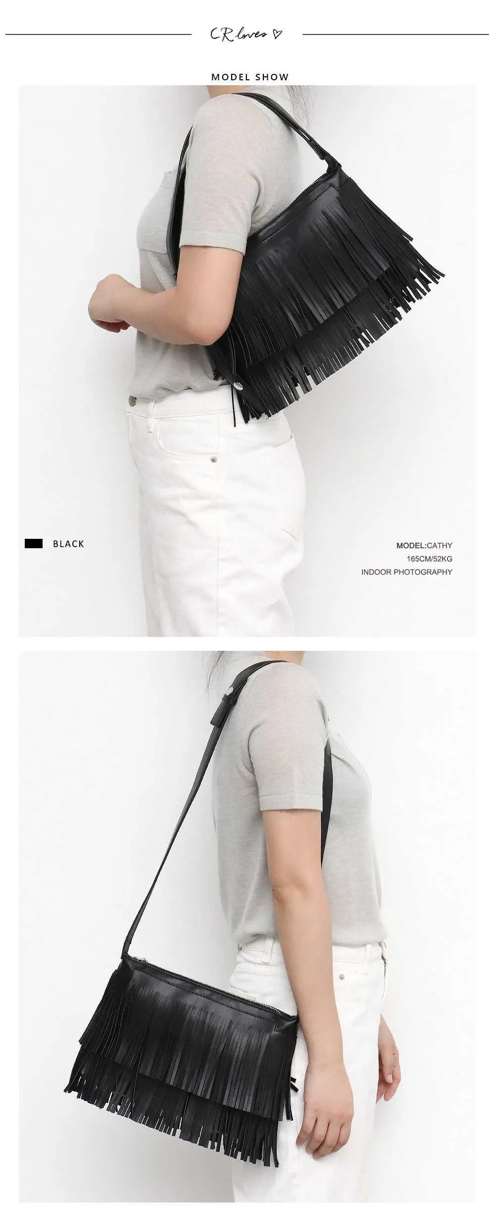 CEZIRA Bohemia Quaste Fransen Ladi Seitentaschen Veganes Leder Stilvolle Designer Mädchen Kleine Umhängetasche Reißverschluss Umschlag Clutch_voghion.com