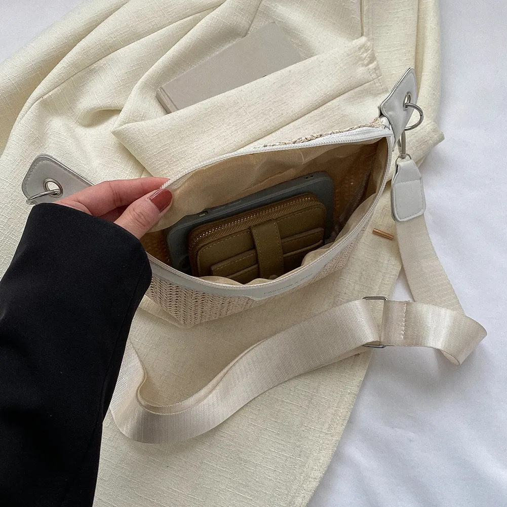 Damen Umhängetasche, breiter Schultergurt, Sommer-Stroh-Einkaufstasche, leicht, atmungsaktiv, modisch für den Strandurlaub_voghion.com
