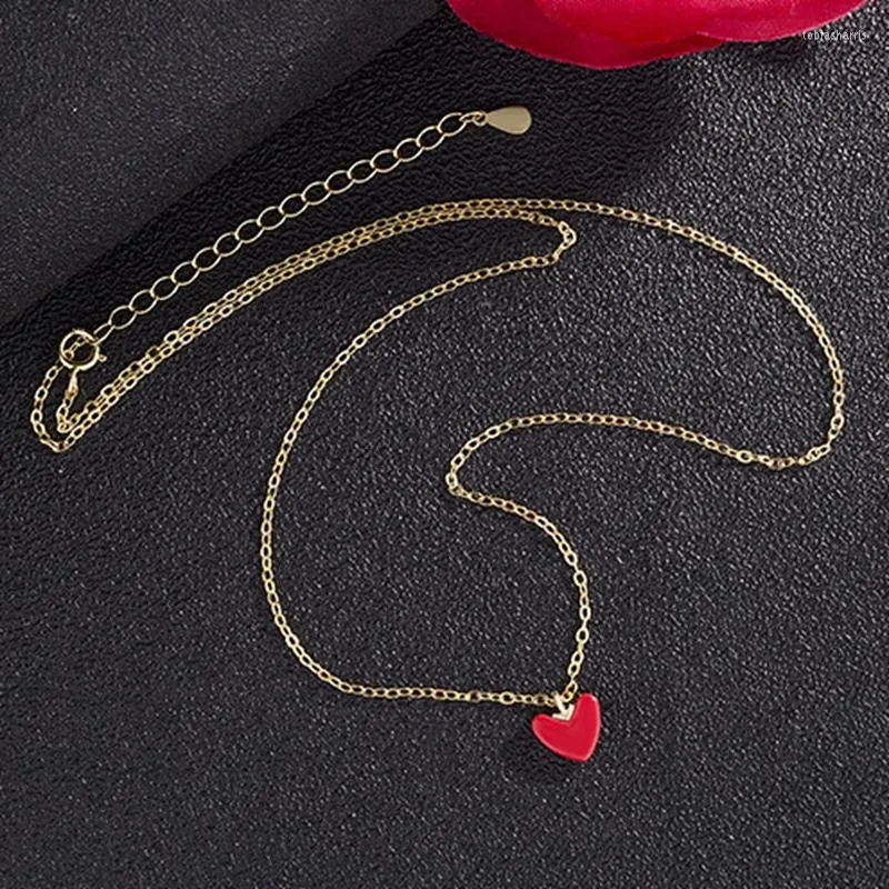 Chaînes en argent sterling avec pendentif en forme de cœur rouge et simple, chaîne plaquée or pour femme, colliers fins et légers_voghion.com