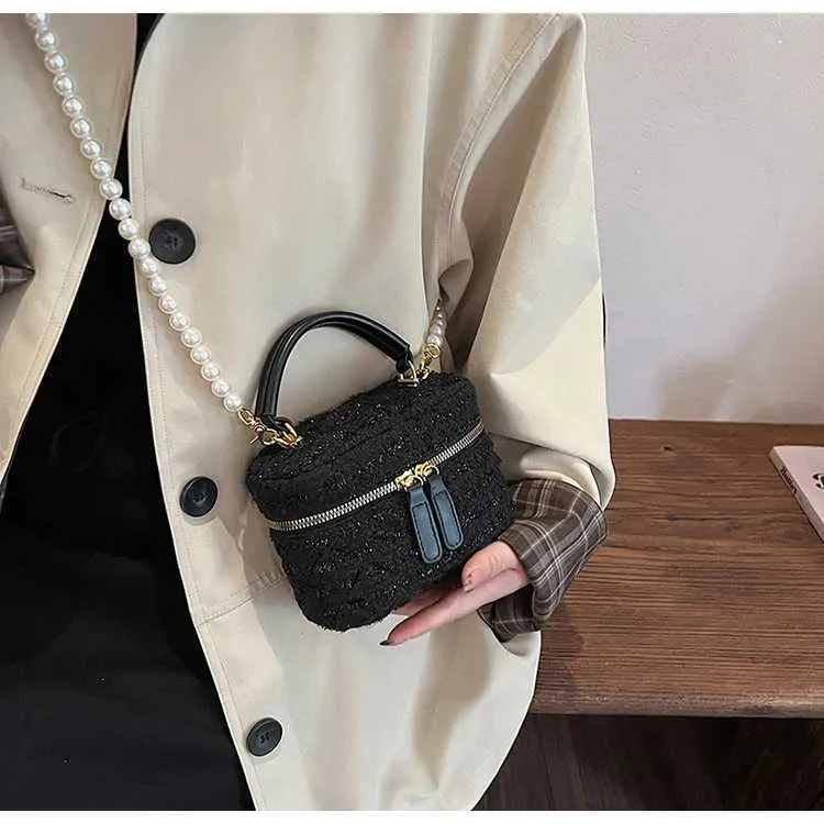 Mini Umhängetasche Für Damen Tweed Karo Klappentasche Perle_voghion.com