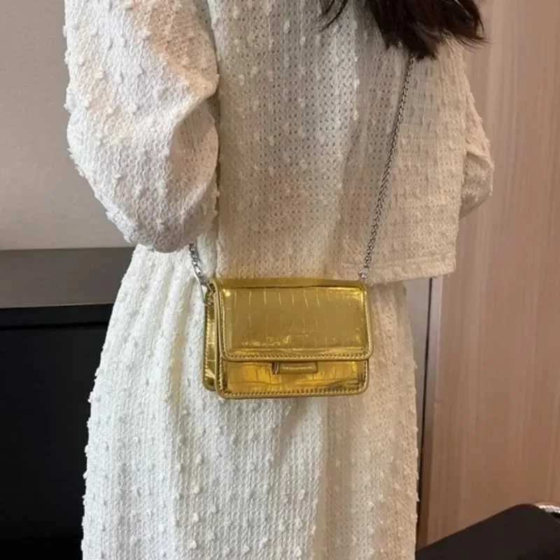 Vintage Frauen Sier Chic Umhängetasche Designer Kleine Schulter Taschen Mode Gold Mini Platz Nette Pu Leder Handtasche241216_voghion.com