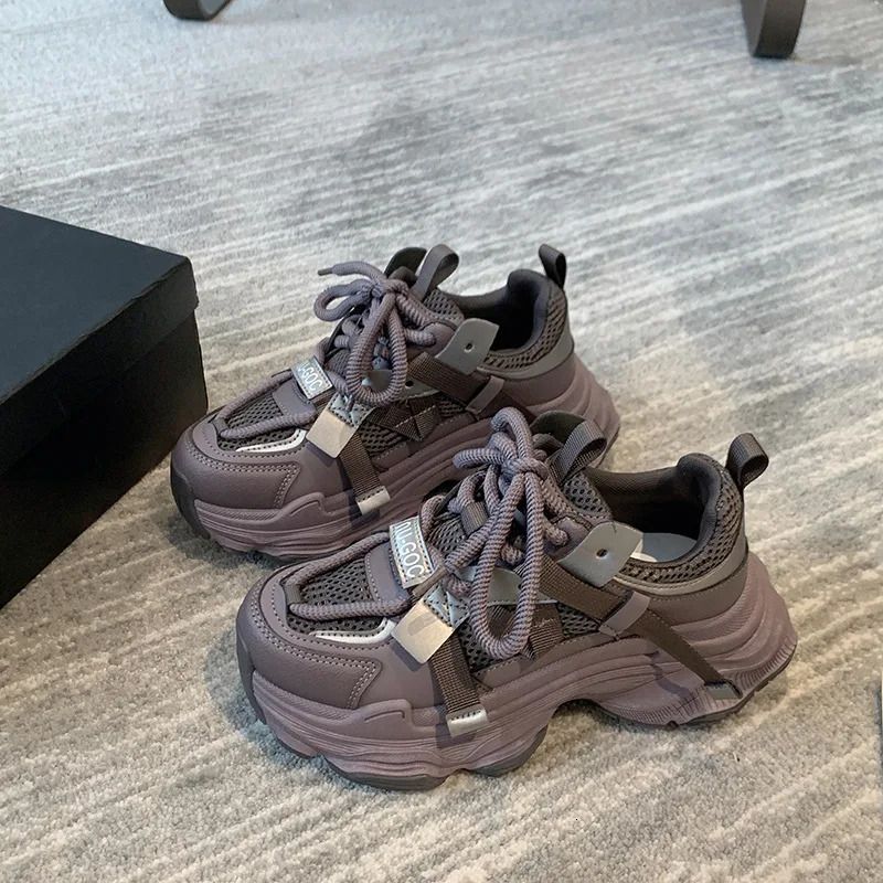 Dames Chunky Sneakers Lente Ademend Mesh Platform Sport Vrouw Mode Veterschoenen Dikke Zool Casual Schoenen Mujer 240618_voghion.com