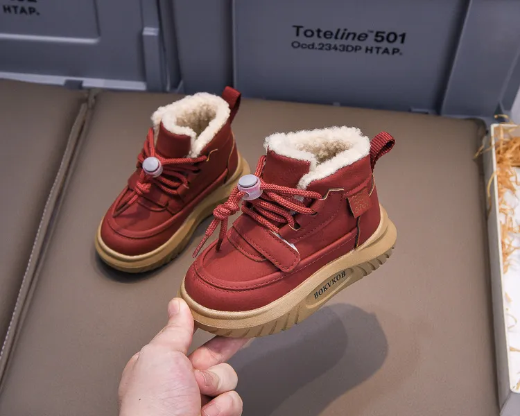 Toddler PU Leather Snow Children Thick Warm Boy's Cotton Anti-slip Girl Fur Boots For Cutefeet Kids Winter Plush Shoes_desvips.com