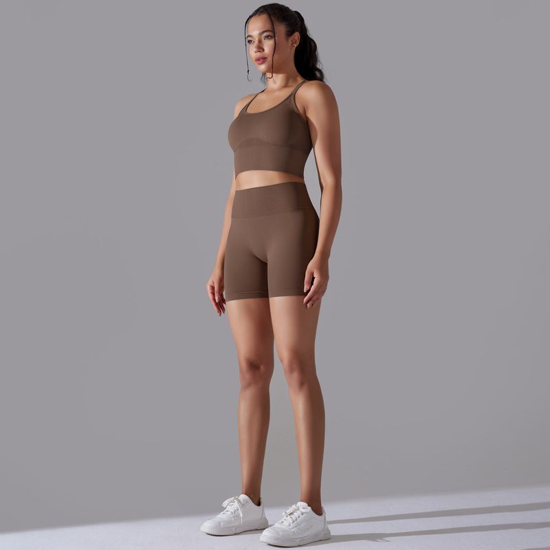 Completo da due pezzi per donna, in maglia senza cuciture, tinta unita, elastico alto, aderente, per yoga e corsa Fiess_voghion.com