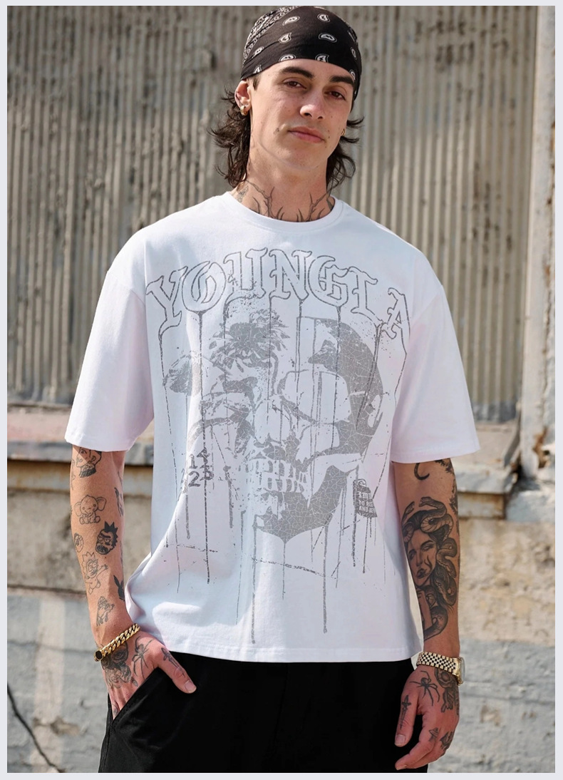 T-shirt d'été ample à manches courtes pour homme, motif tête de mort, en coton, col rond, fitness, course à pied, sport_voghion.com