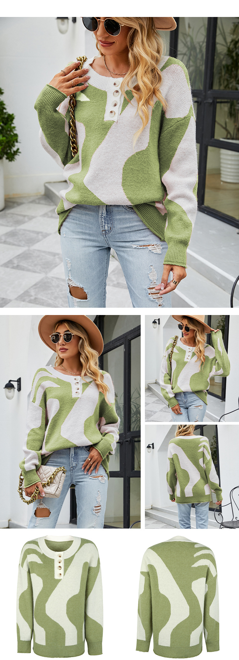 Lässiger Pullover mit Rundhalsausschnitt und Rauten-Jacquard-Farbkontrast_voghion.com