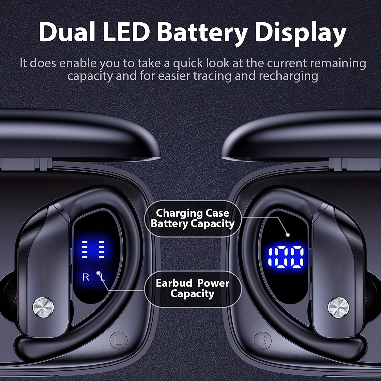 Écouteurs sans fil, écouteurs stéréo Surround, écouteurs de sport longue durée de lecture avec écran LED, écouteurs supra-auriculaires avec crochets d'oreille, micro intégré, bruit_voghion.com