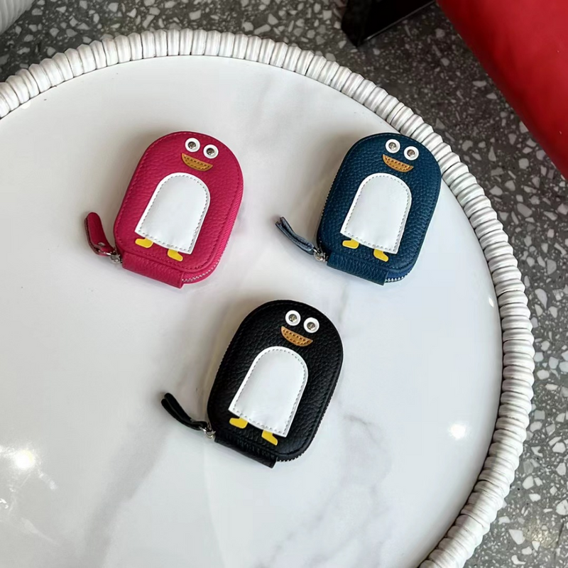 URBAN MASTER Kleiner Pinguin Form Kartenhalter Münzgeld Cartoon Niedlich Echtes Rindsleder Reißverschluss Mini_voghion.com
