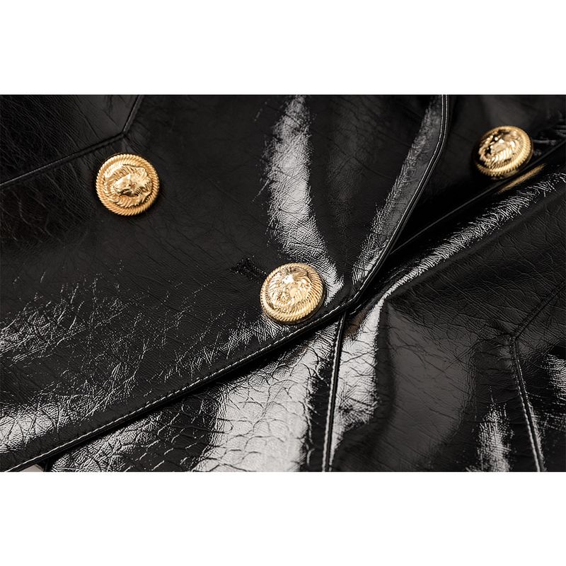 women's 2023 autumn and winter new style black pu leather shiny shrug slim small suit waist temperament_voghion.com