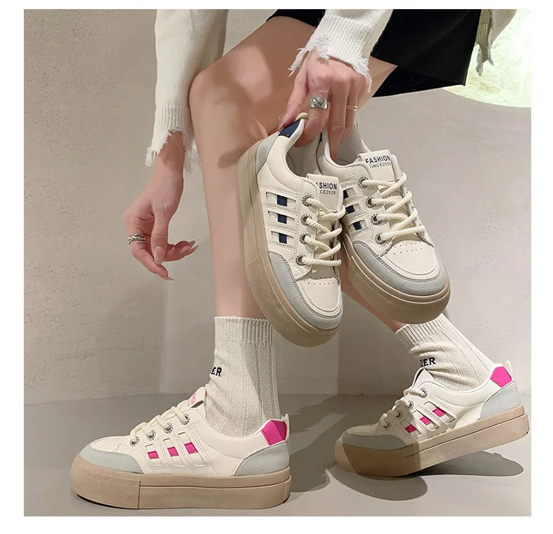 Round Toe Retro Thick Soled Board For Women Spring Autumn New Style Fashionable Flat Bottomed Casual Small White Shoes_voghion.com