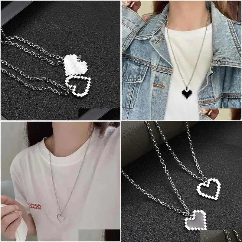 Pixel Heart Couple Necklace For Couples Y2k Style Black And White_voghion.com