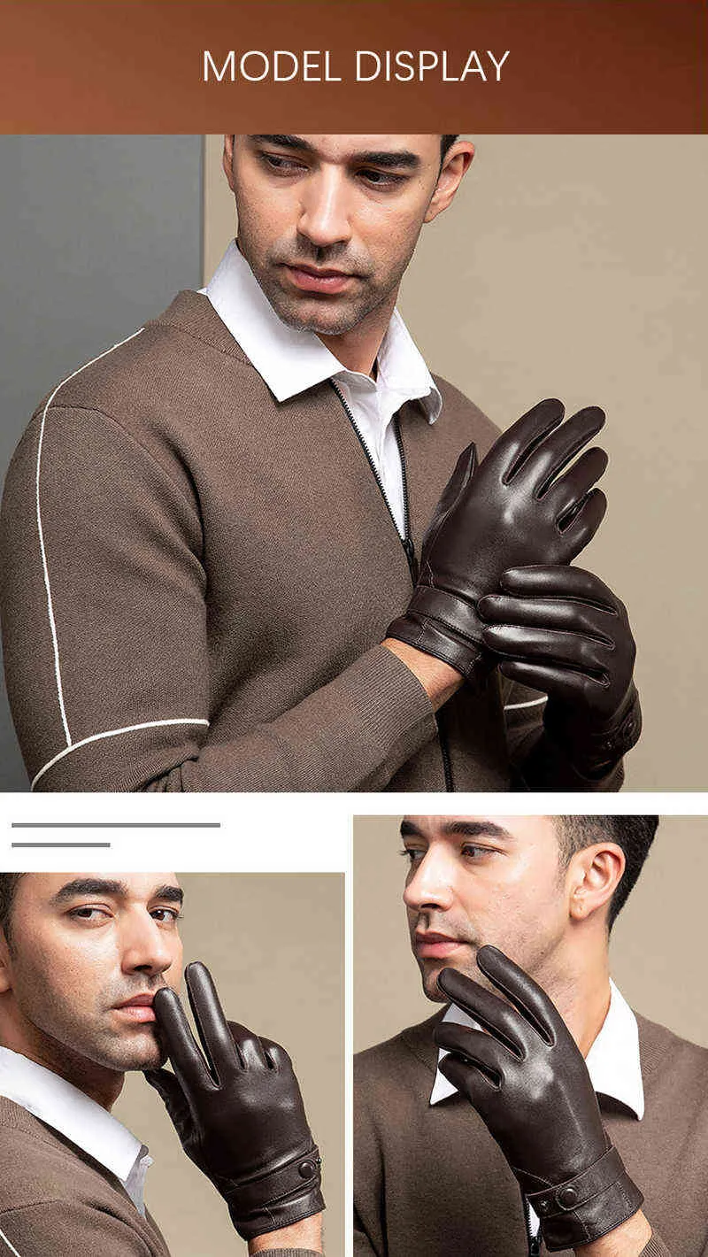 Gants de moto en cuir de mouton pour hommes d'affaires d'automne et d'hiver avec écran tactile et doigts complets, noirs, NR196 211224_voghion.com