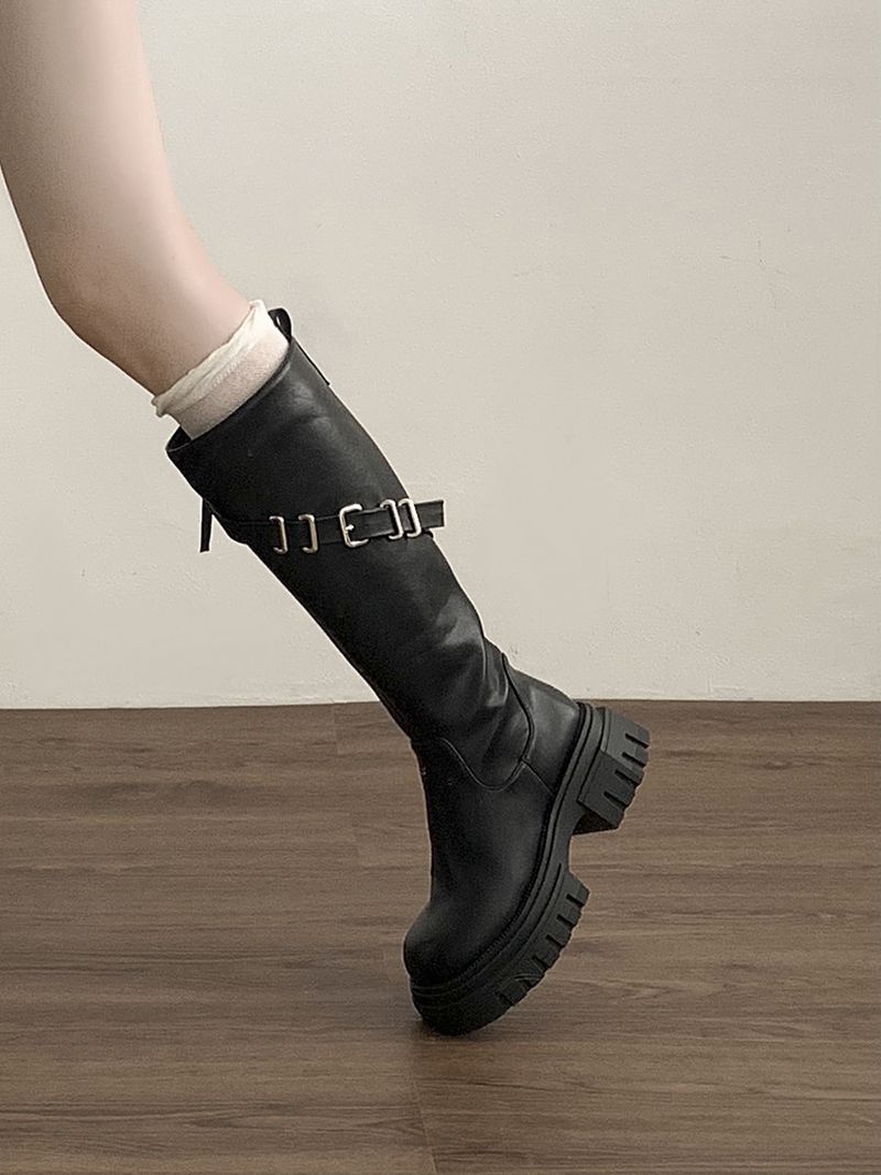 Freizeit Britische schwarze knielange Schlankheitsstiefel mit dicken Sohlen lang für Damen 2024 Neue Herbst- und Winterstiefel mit dickem Schaft_voghion.com
