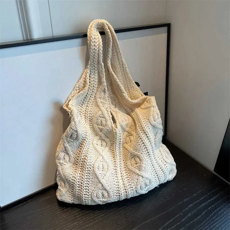 Borsa a tracolla in maglia di lana per la spesa da donna, in tessuto di cotone vintage, grande borsa da donna all'uncinetto_voghion.com