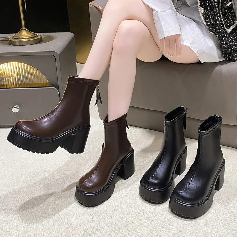 PU Leather Chunky Platform Ankle Women Back Zipper Thick Heeled Short Boots Woman Super High Heels Black Punk Shoes_voghion.com