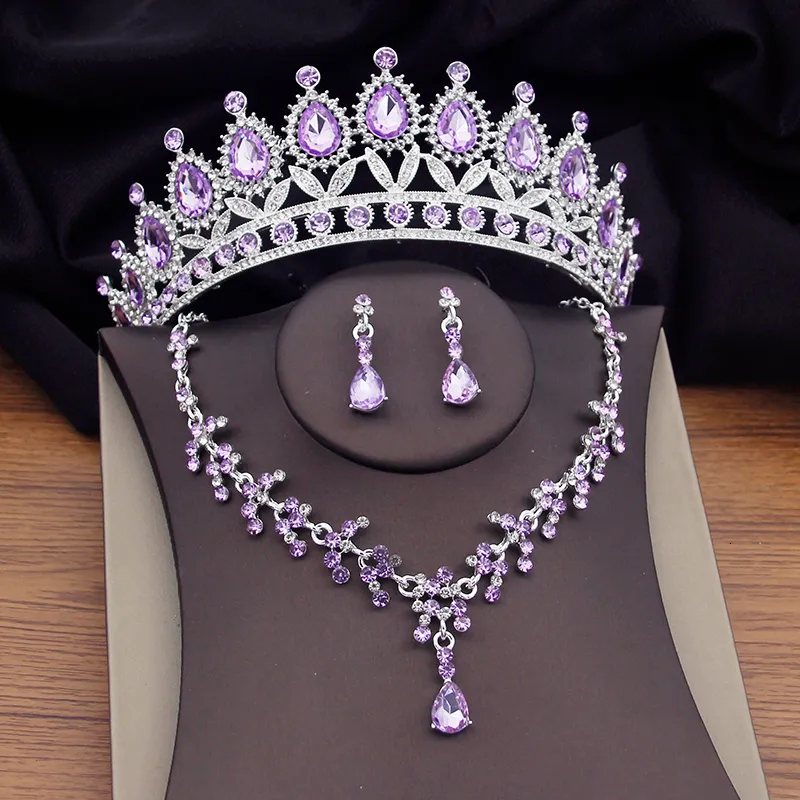Gorgeous Purple Crystal Bridal Sets For Women Sier Colors Tiaras Earrings Necklaces Wedding Crown Jewelry Set Fashion_voghion.com