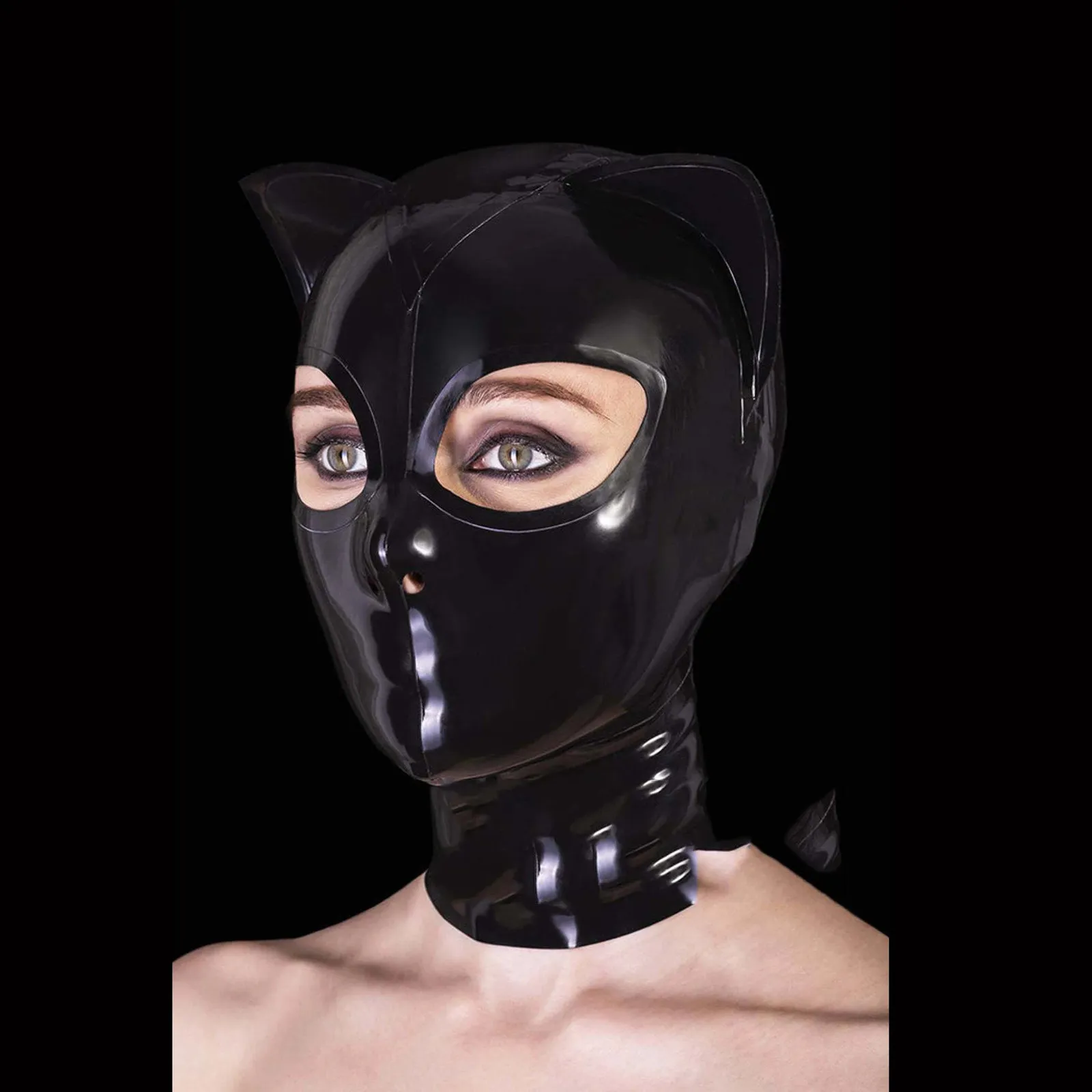 Cagoule en latex noir avec oreilles de chat, fermeture éclair dans le dos, yeux ouverts, bouche, masque en caoutchouc, costume de cosplay 240_voghion.com